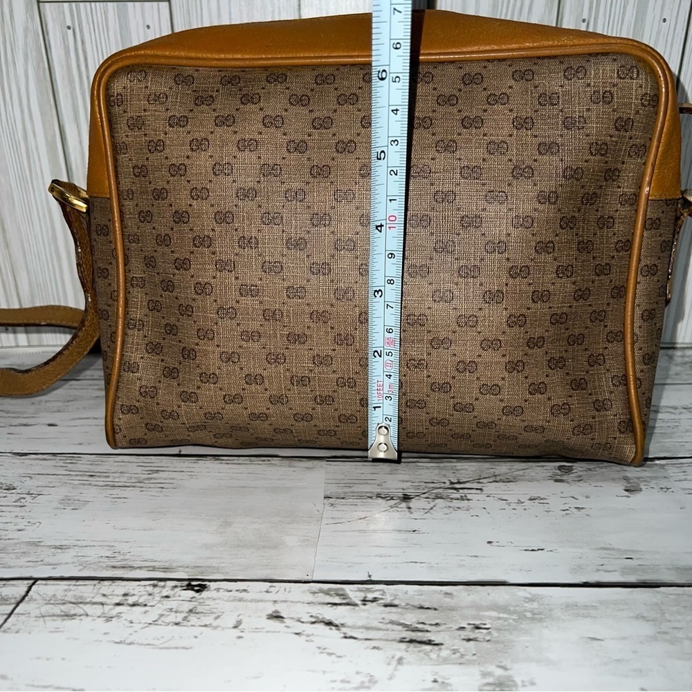 Gucci Vintage GG Monogram Canvas Crossbody Bag Brown Leather Trim Messenger - Picture 10 of 12